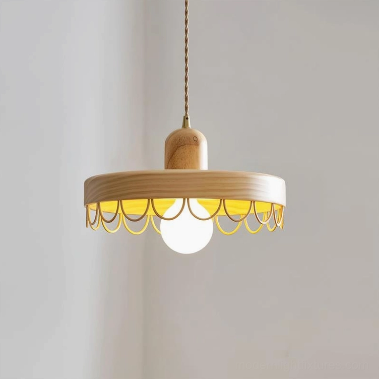Natural wood color Balton pendant light with curved metal trim, warm wood tone, 11.8 inch diameter hanging lamp
