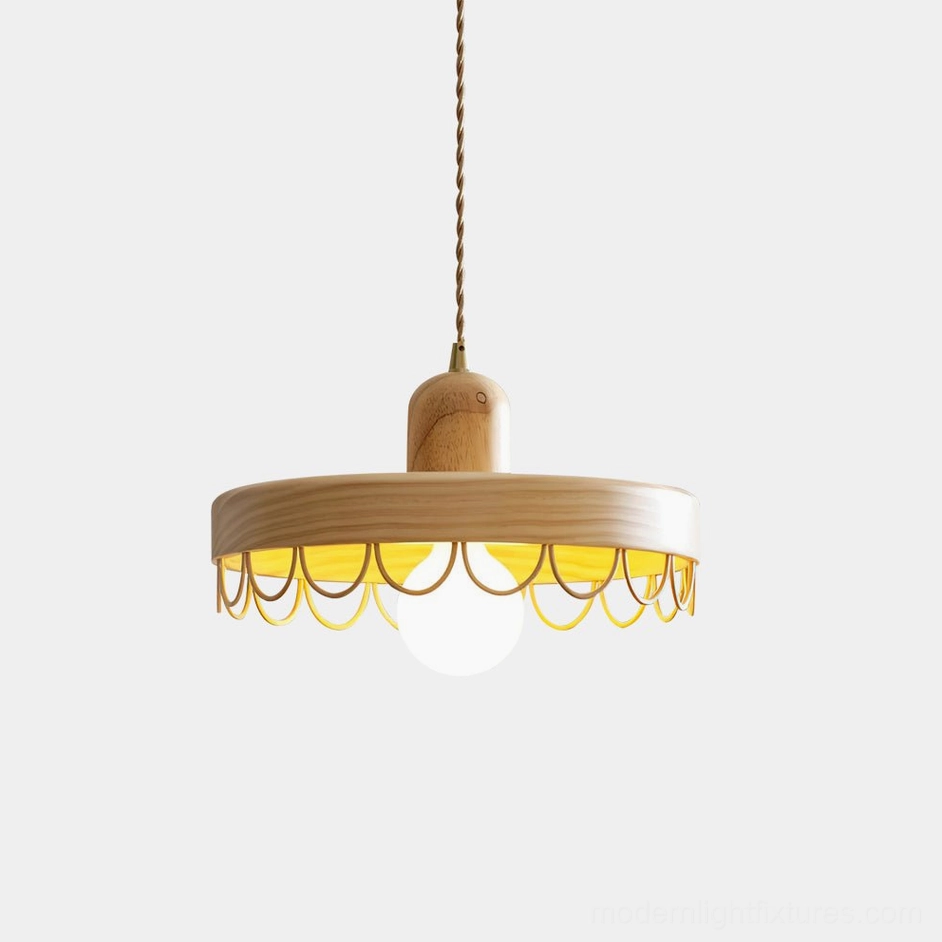 Balton modern wooden pendant light with scalloped metal trim, natural wood finish, studio lighting, 30cm diameter hanging fixture