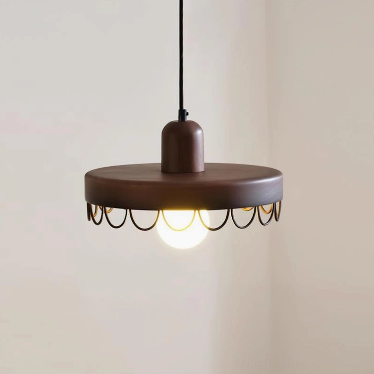 Walnut color Balton pendant light with black scalloped metal rim, rich dark wood finish, 30cm modern hanging fixture