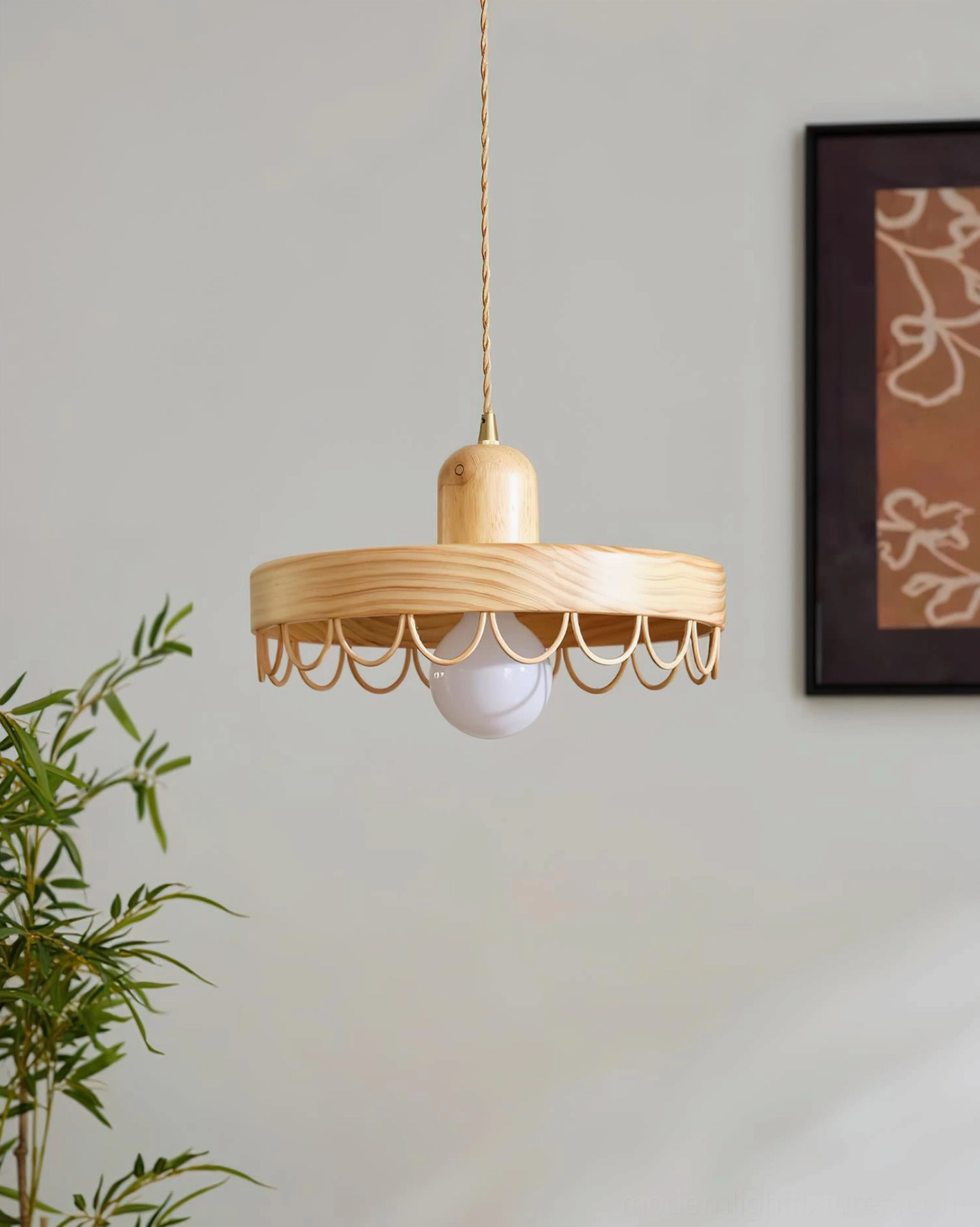Natural wood finish pendant lamp with scalloped metal trim and white matte bulb in contemporary corner setting
