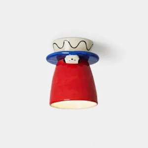 Bambino handcrafted ceramic ceiling light front view - red shade with blue collar and sculptured puppy top hat detail