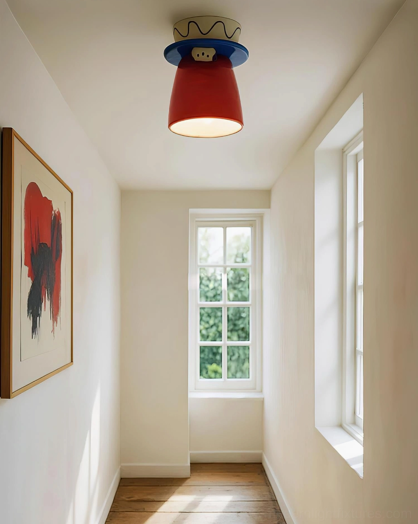 Bambino artistic ceiling fixture in bright residential hallway - playful puppy lamp design with interior decor context
