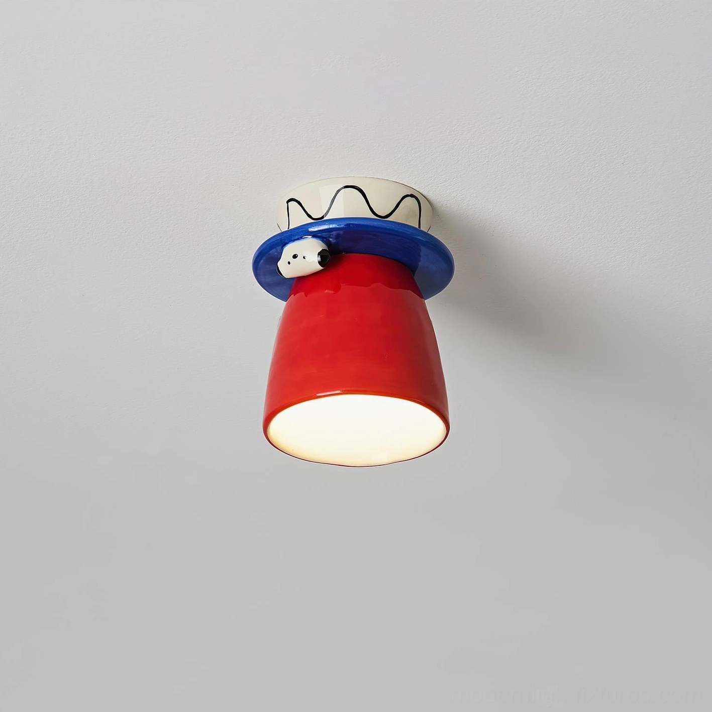 Bambino red ceramic ceiling light - whimsical handcrafted fixture with blue collar and sculptured puppy top hat detail