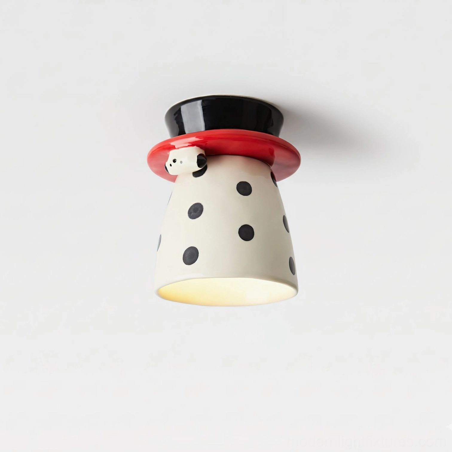 Bambino white ceramic ceiling light with polka dot pattern - artisan handcrafted fixture with sculptured puppy motif