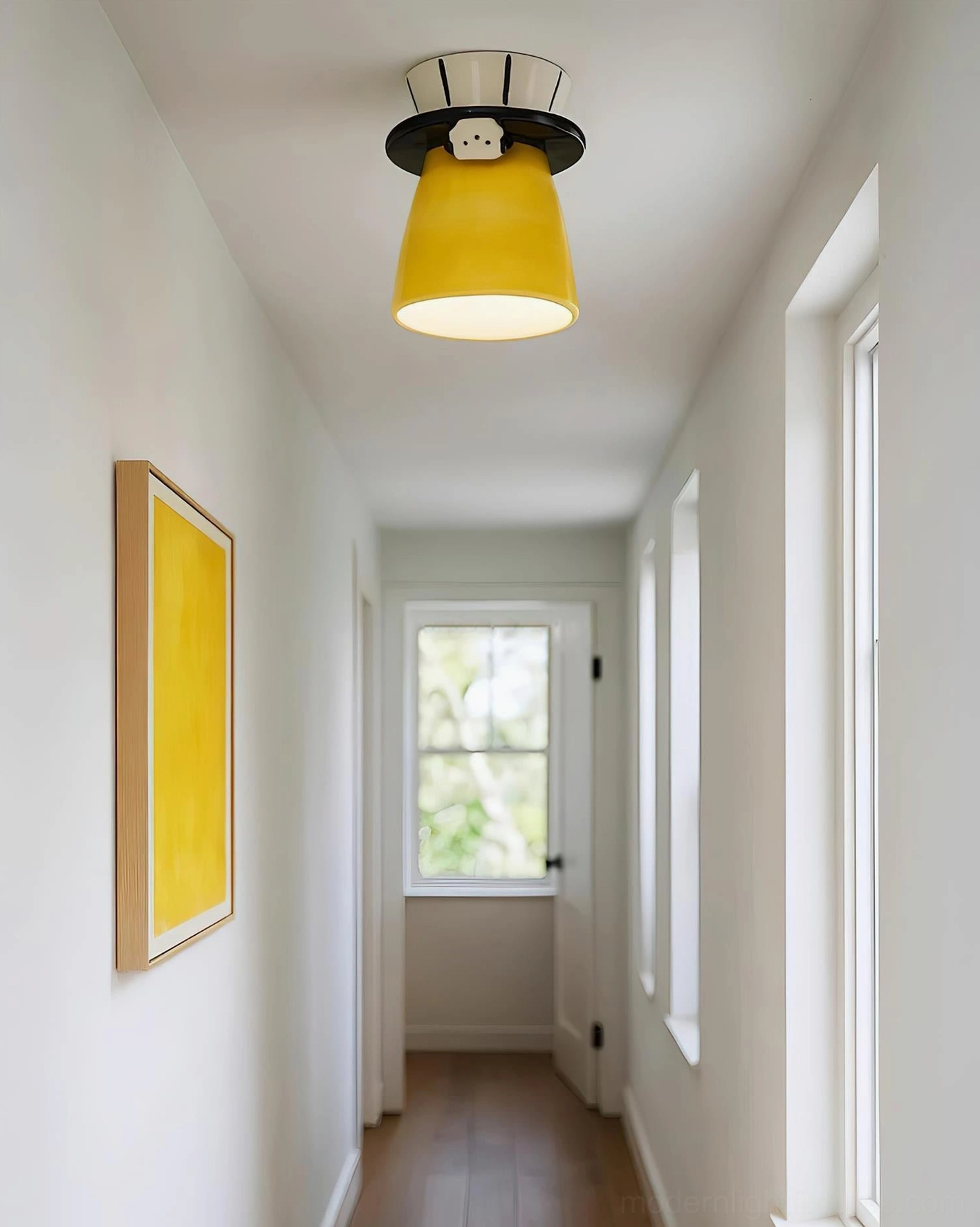 Bambino ceramic ceiling light yellow shade variant - sculptured puppy fixture with black collar mounted overhead