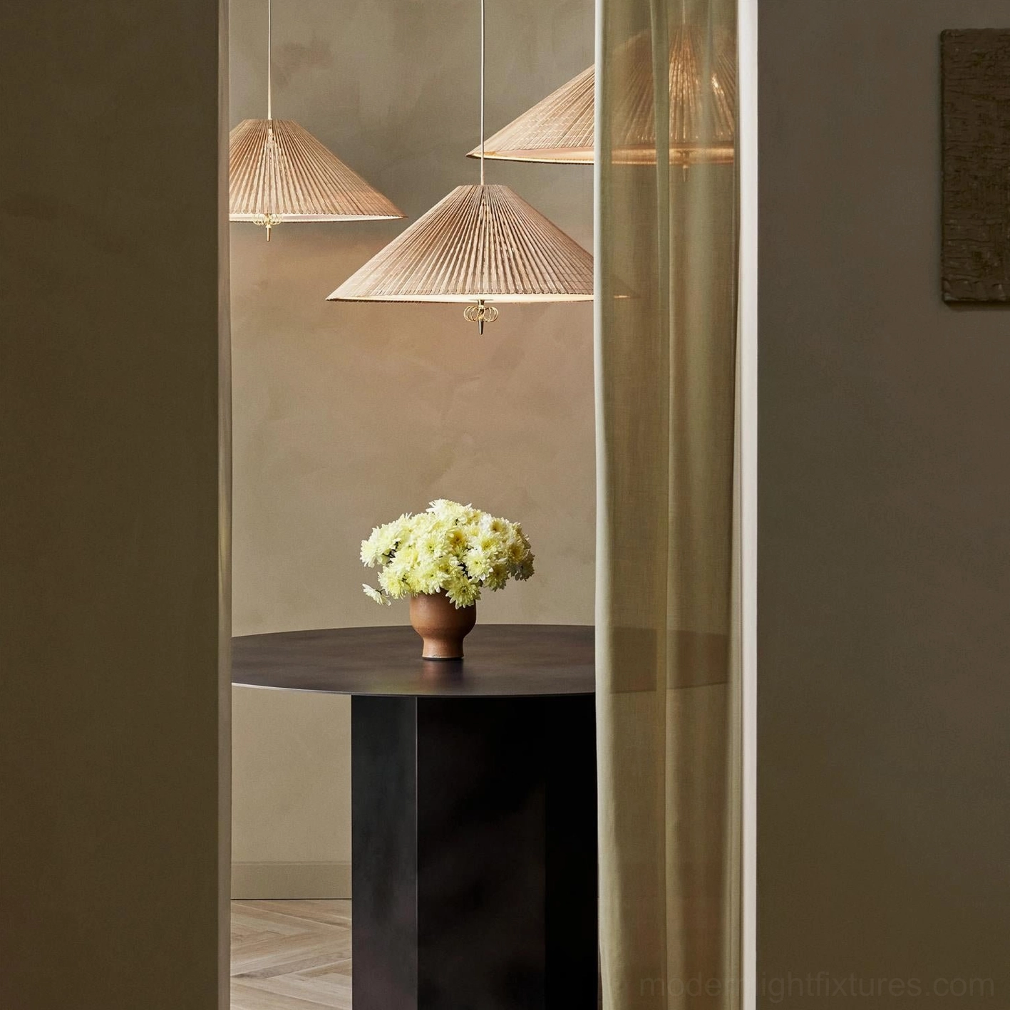 Natural bamboo and brass pendant lamp installation example in contemporary home interior