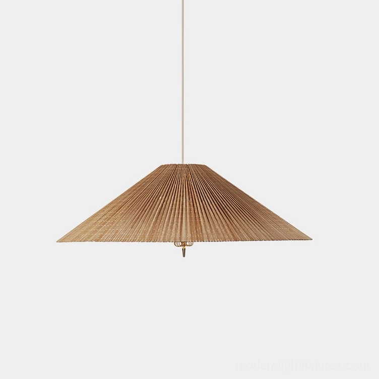 Handwoven bamboo conical pendant light with brass stem, mid-century modern design, front studio view