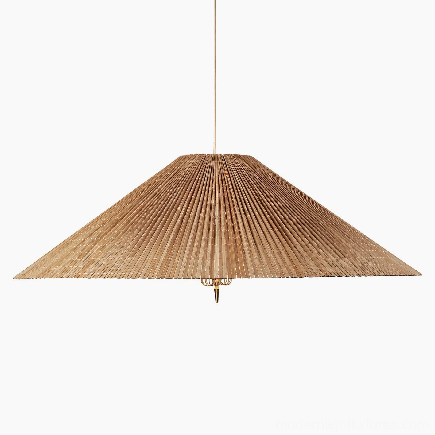 Ultra-wide conical pleated bamboo pendant lamp, front studio view showing vertical pleat details