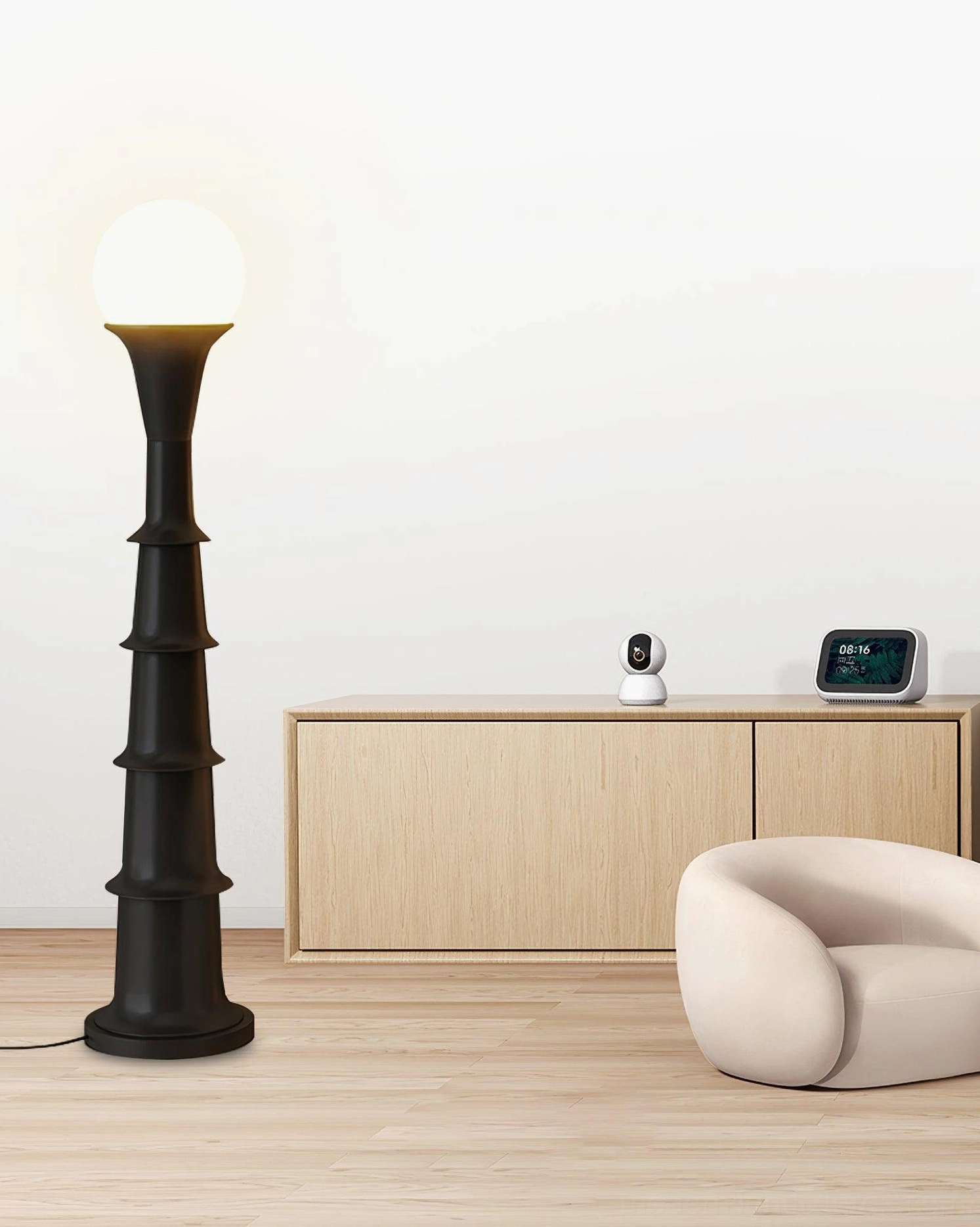 Bamboo joint floor lamp upper column and frosted light diffuser detail showing design precision