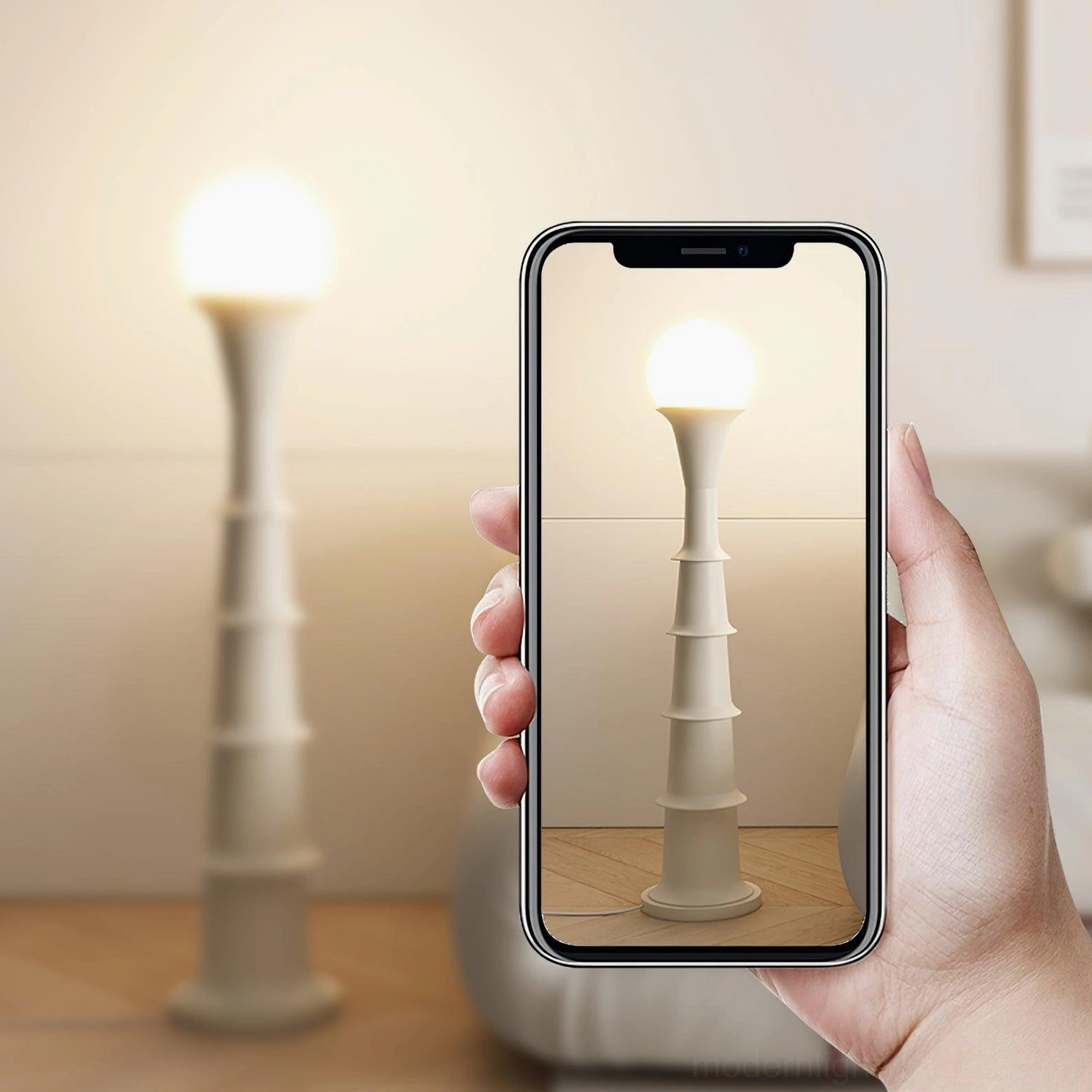 Off-white floor lamp scale comparison handheld view showing size proportions with smartphone reference