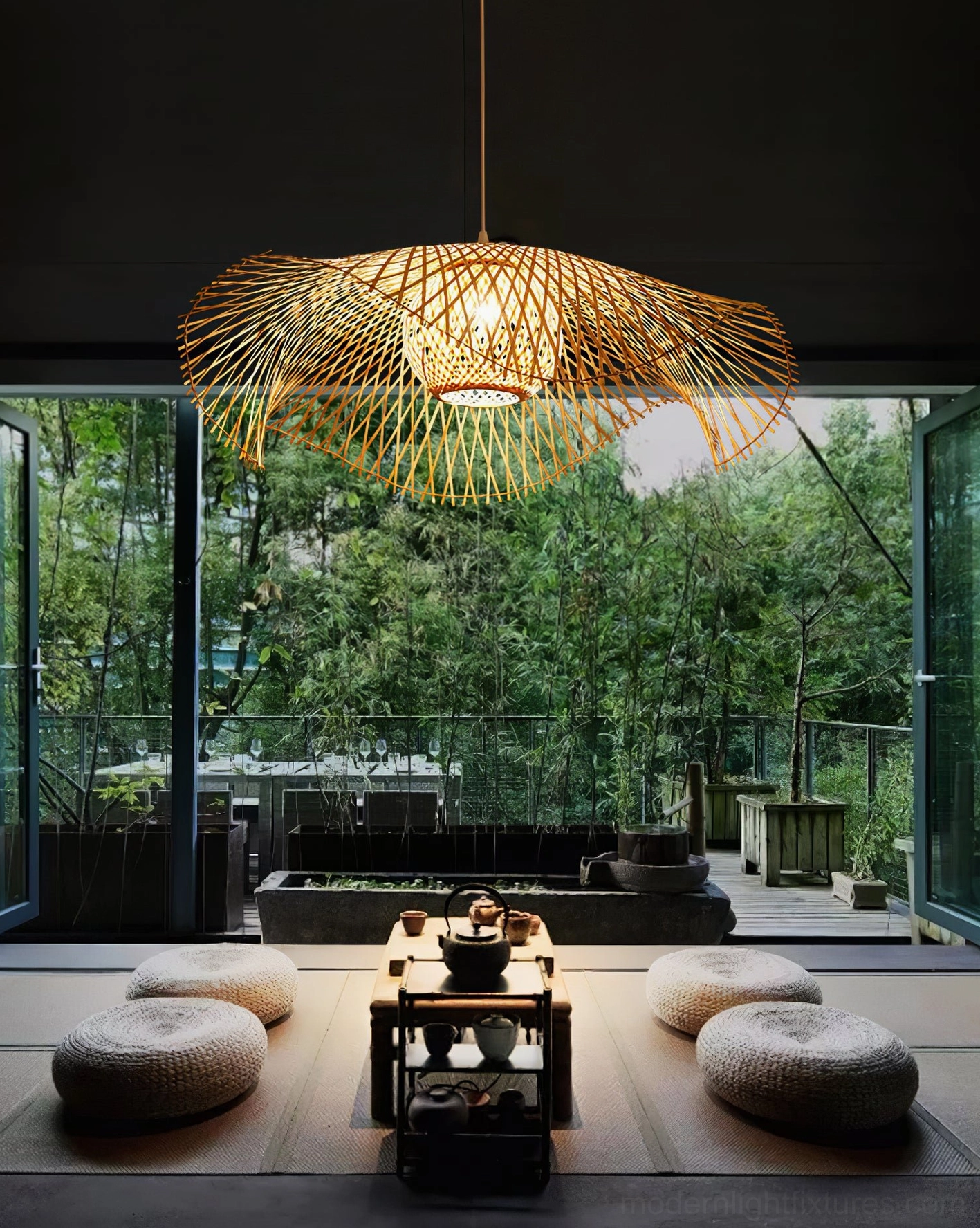 Close-up detail of bamboo lotus leaf pendant lamp showing hand-woven texture, natural material finish, and organic weave pattern