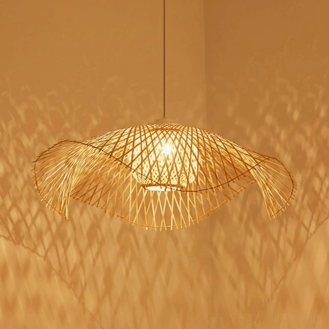 Natural bamboo lotus leaf hanging pendant light showcasing E26 E27 socket compatibility and adjustable cord length