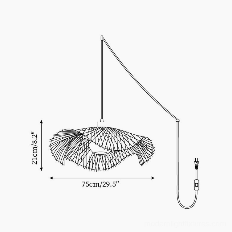Product blueprint for 75cm large bamboo pendant lamp with front orthographic view and woven design details