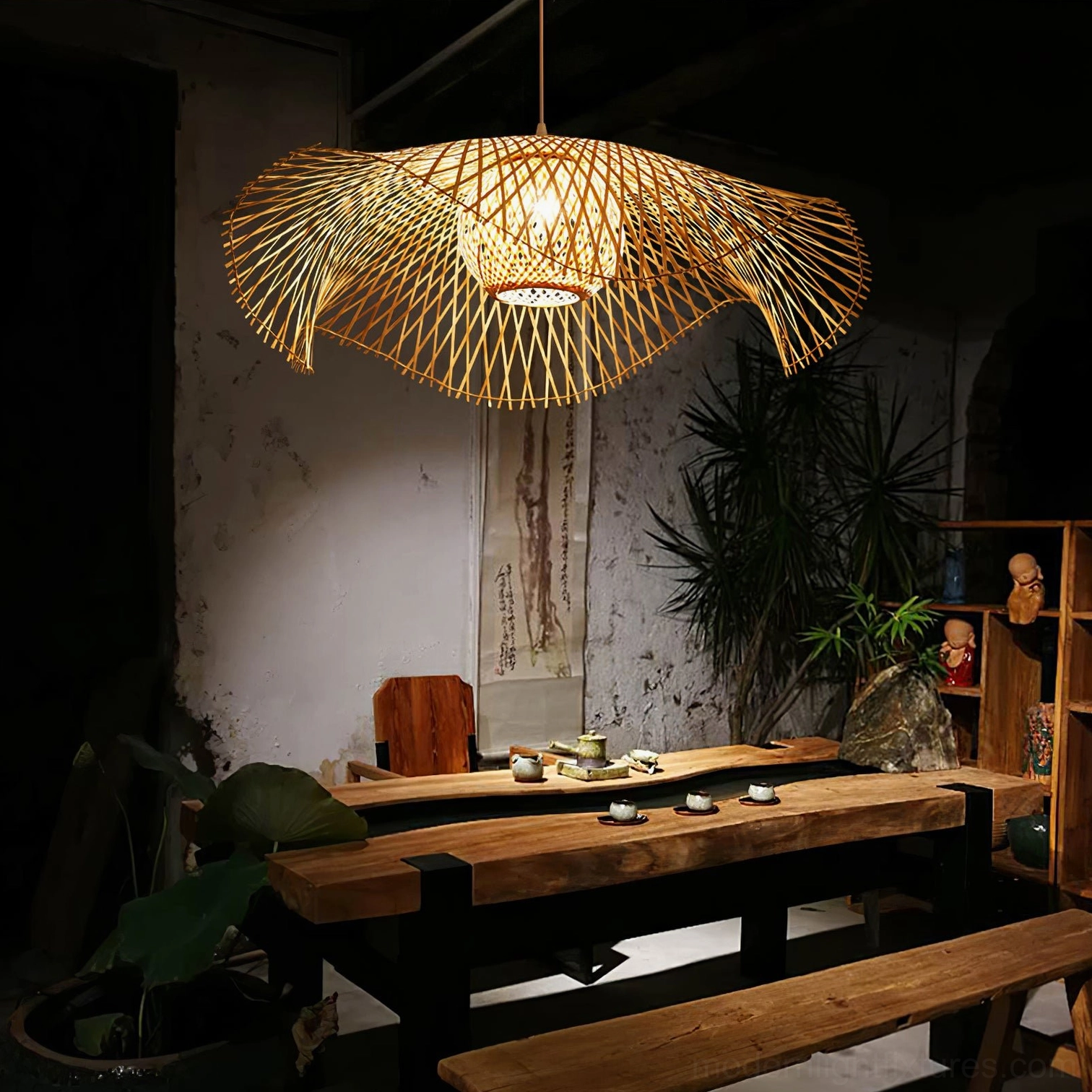 Woven bamboo lotus leaf ceiling lamp in traditional tea room setting, low angle shot showing rustic vintage aesthetic