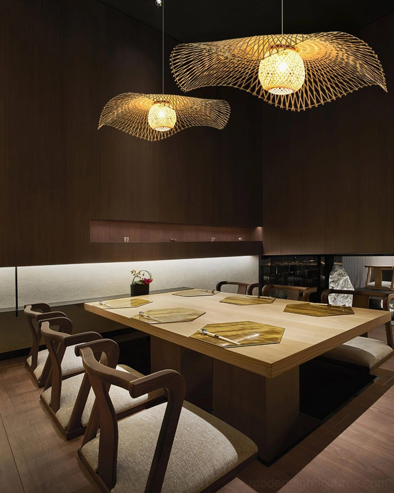 Bamboo lotus leaf pendant light in contemporary interior setting, showcasing organic lotus-inspired silhouette and natural bamboo weave texture