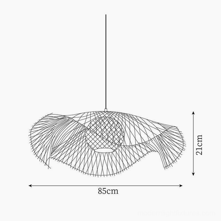 Bamboo lotus leaf pendant lamp technical design sketch with dimensions 85cm diameter and 21cm height on technical drawing background