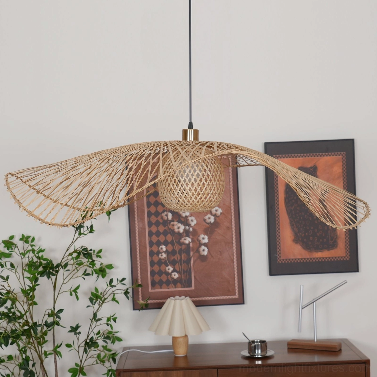 Natural bamboo lotus leaf pendant light damp-rated for kitchens bathrooms and covered outdoor areas with weather resistance