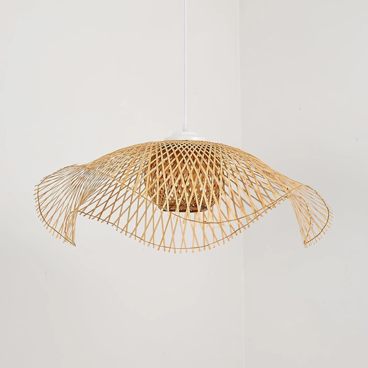 Natural bamboo lotus leaf pendant light compatible with dimmer switches for customizable ambient lighting
