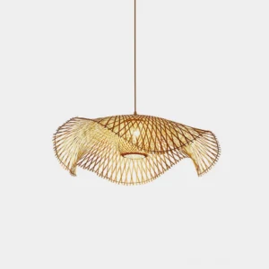 Natural bamboo lotus leaf pendant light, front view on white background showcasing wabi-sabi woven bamboo texture and organic lotus-inspired design