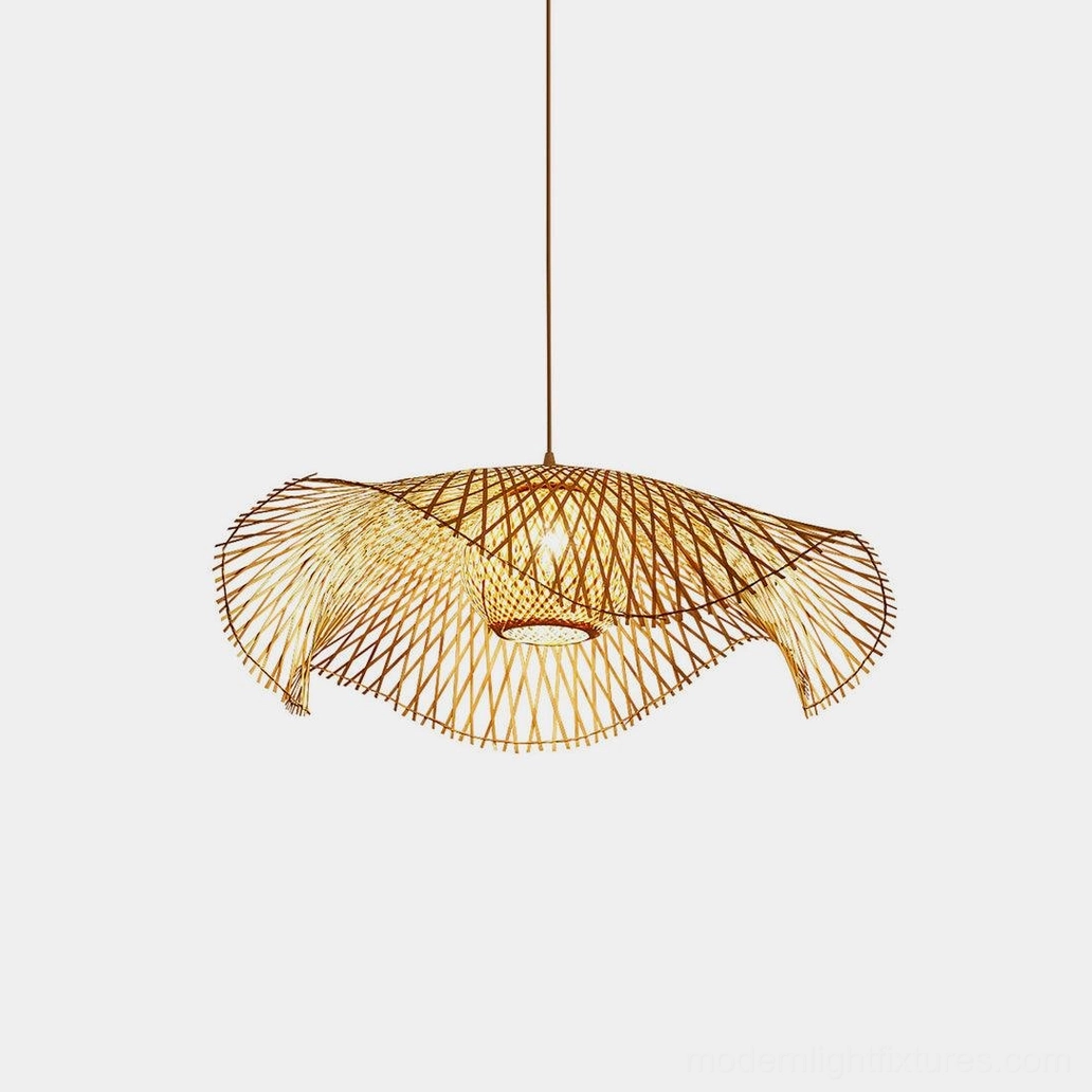 Natural bamboo lotus leaf pendant light, front view on white background showcasing wabi-sabi woven bamboo texture and organic lotus-inspired design