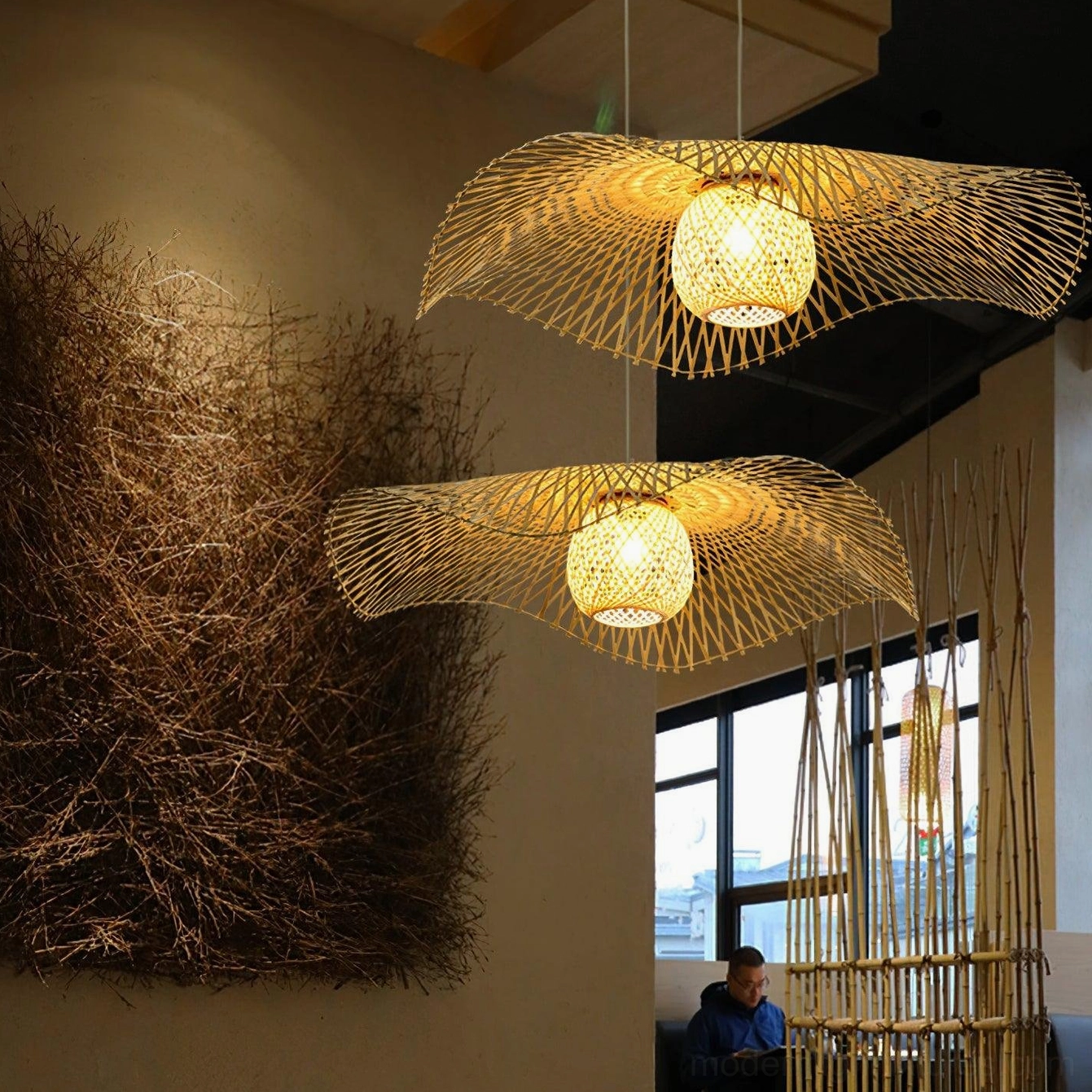 Bamboo lotus leaf pendant light in sustainable eco-conscious home design featuring recyclable natural materials