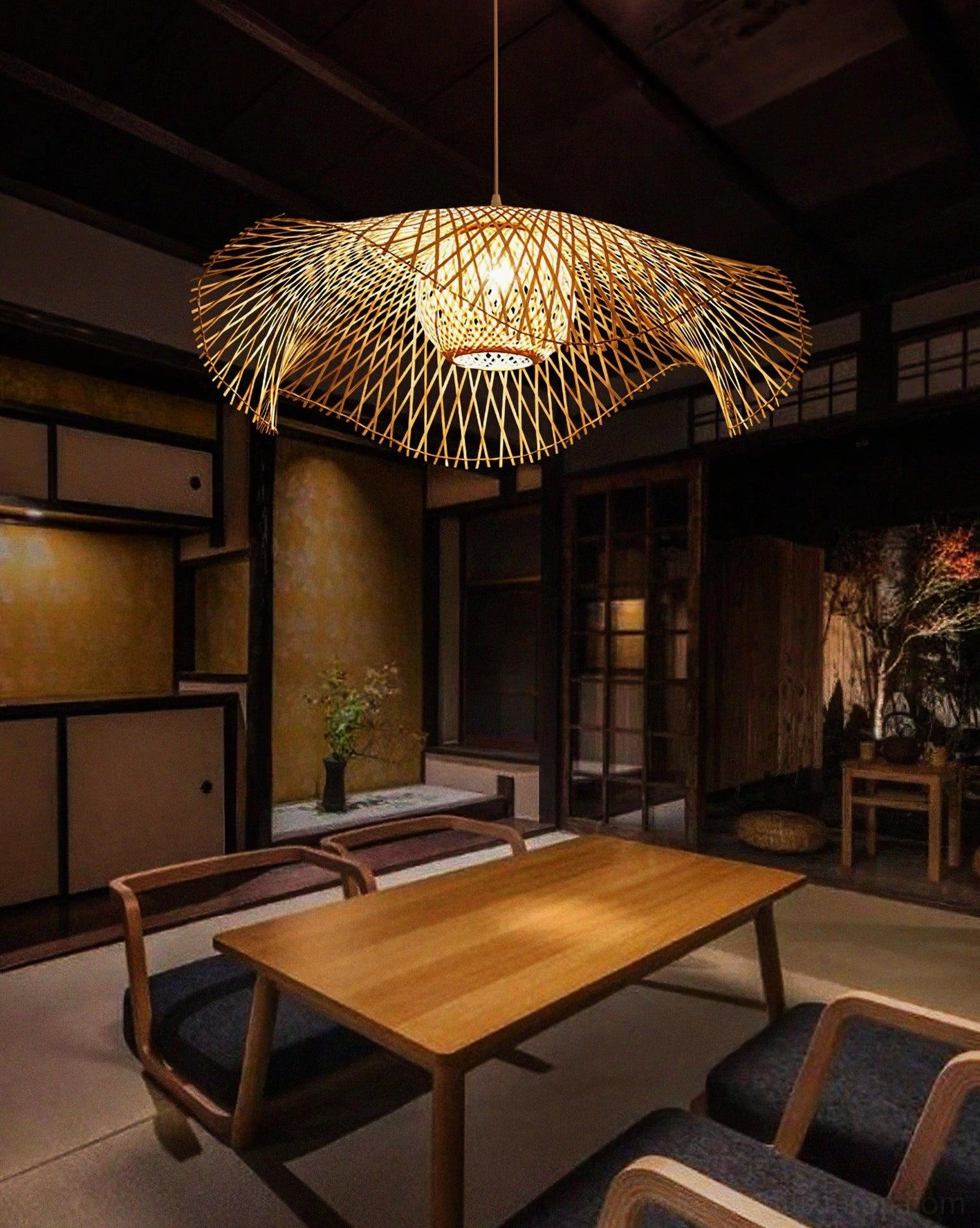 Bamboo lotus leaf pendant light fixture showing natural wood tones and artisanal hand-woven construction quality