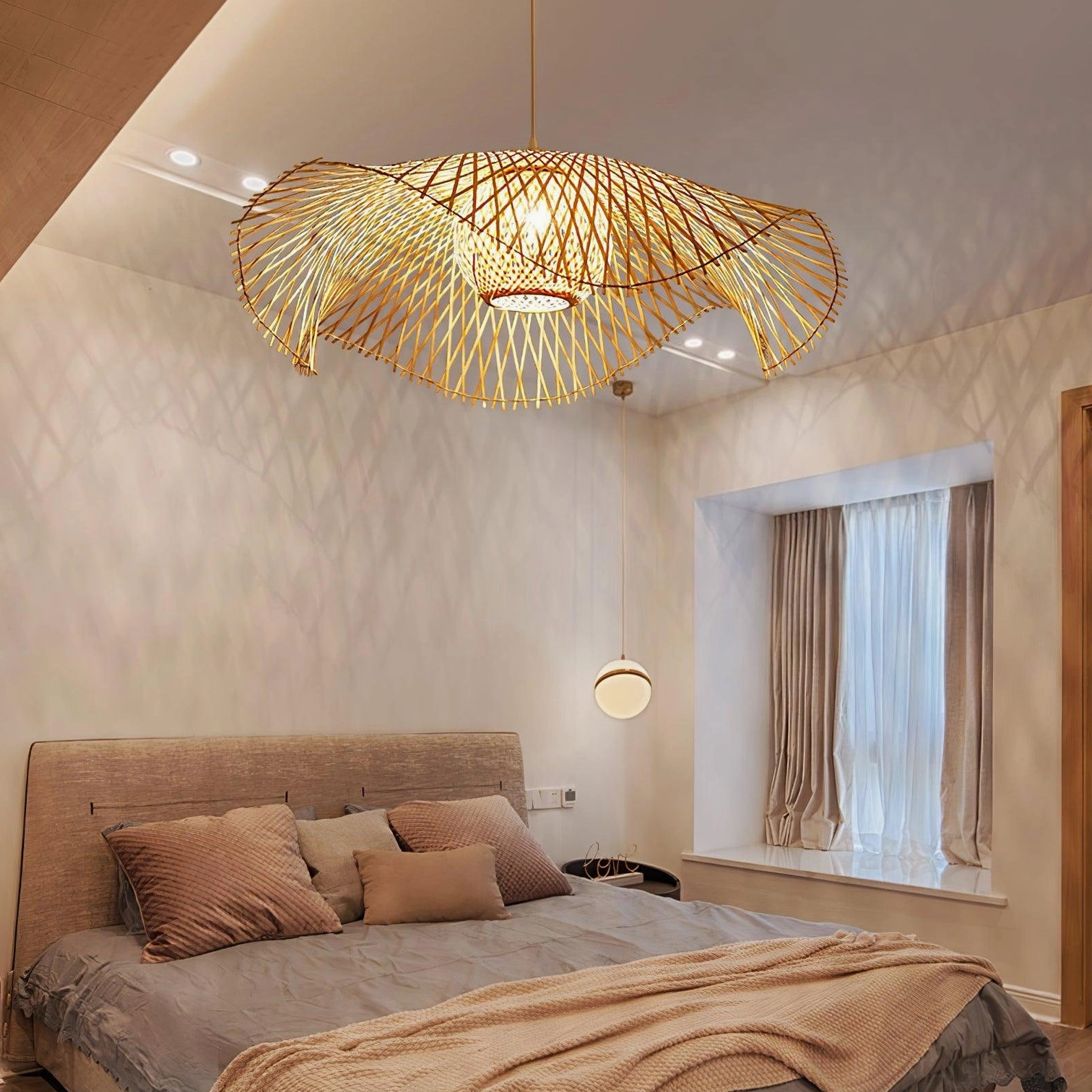 Bamboo lotus leaf pendant light hanging in cozy bedroom interior, oblique overhead view with woven bamboo design and soft warm lighting