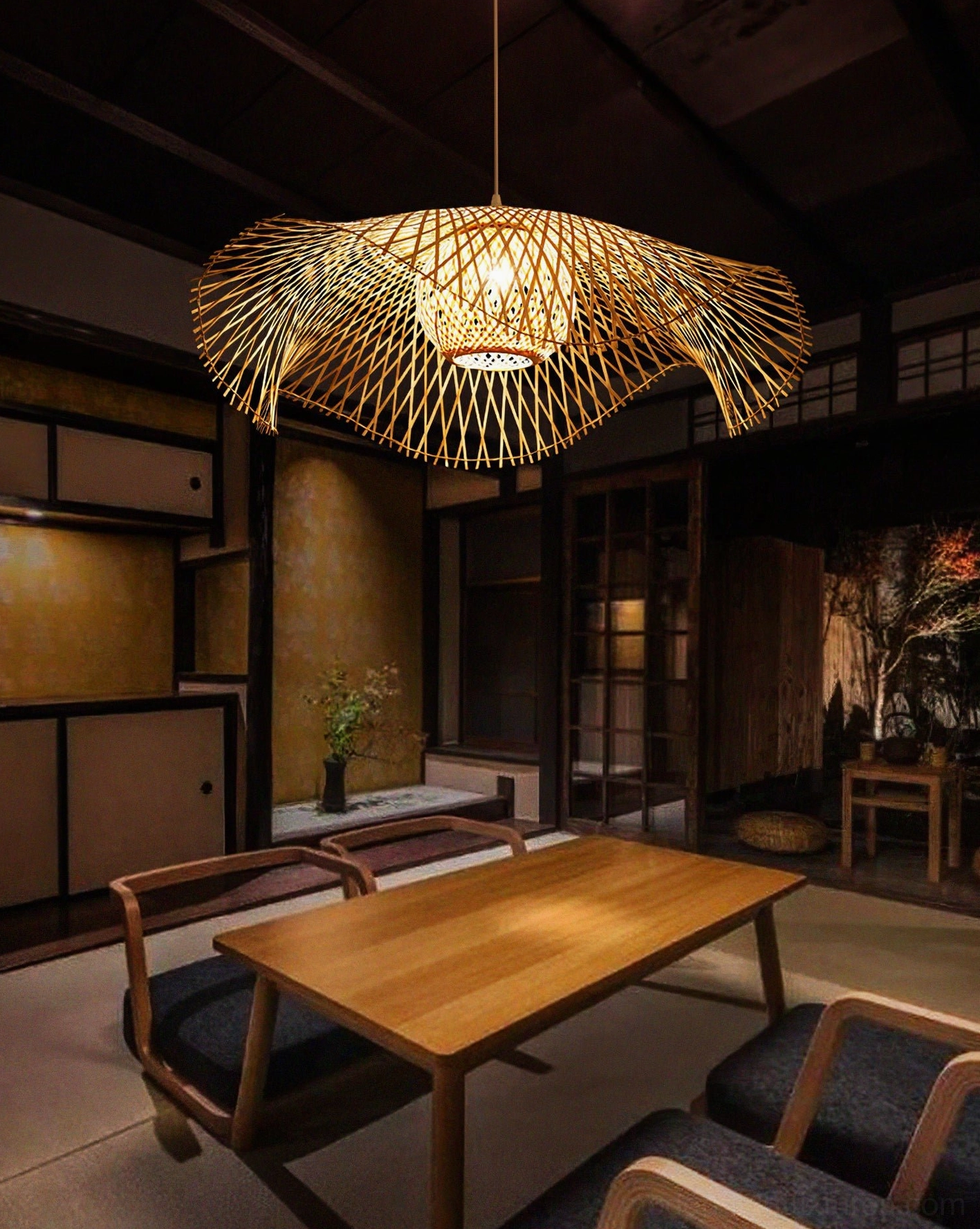 Handwoven bamboo lotus pendant lamp installed in modern minimalist interior space with clean architectural lines