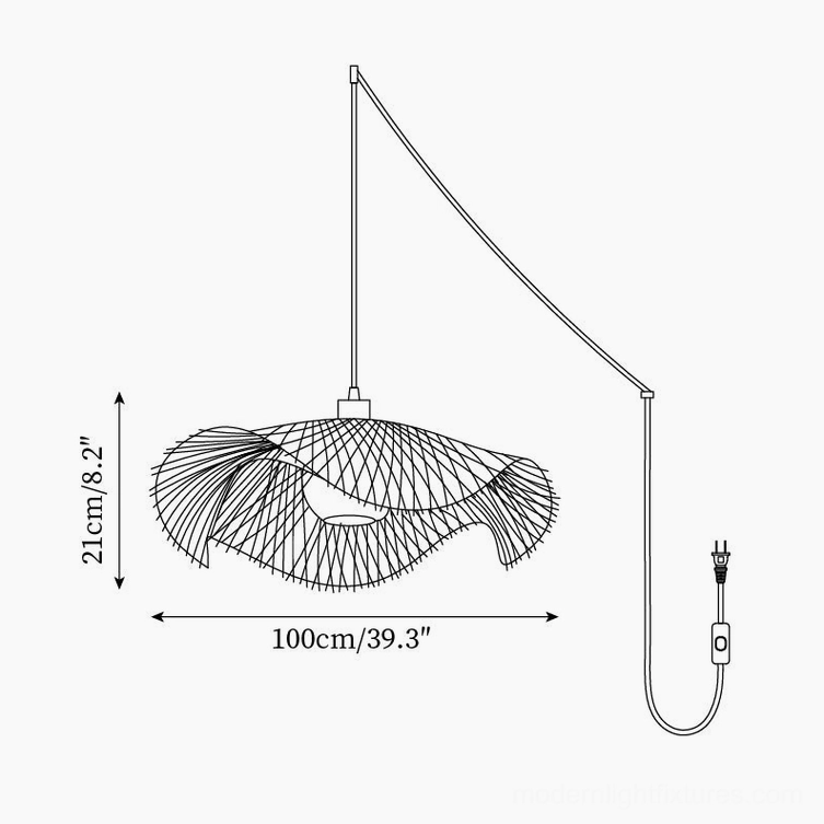 Engineering diagram of 100cm statement-size handwoven bamboo lotus pendant lamp with comprehensive technical details