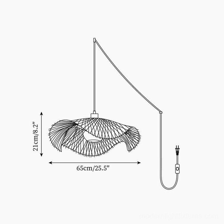 Orthographic design drawing of 65cm medium-sized bamboo lotus pendant light showing dimensions and standard installation setup