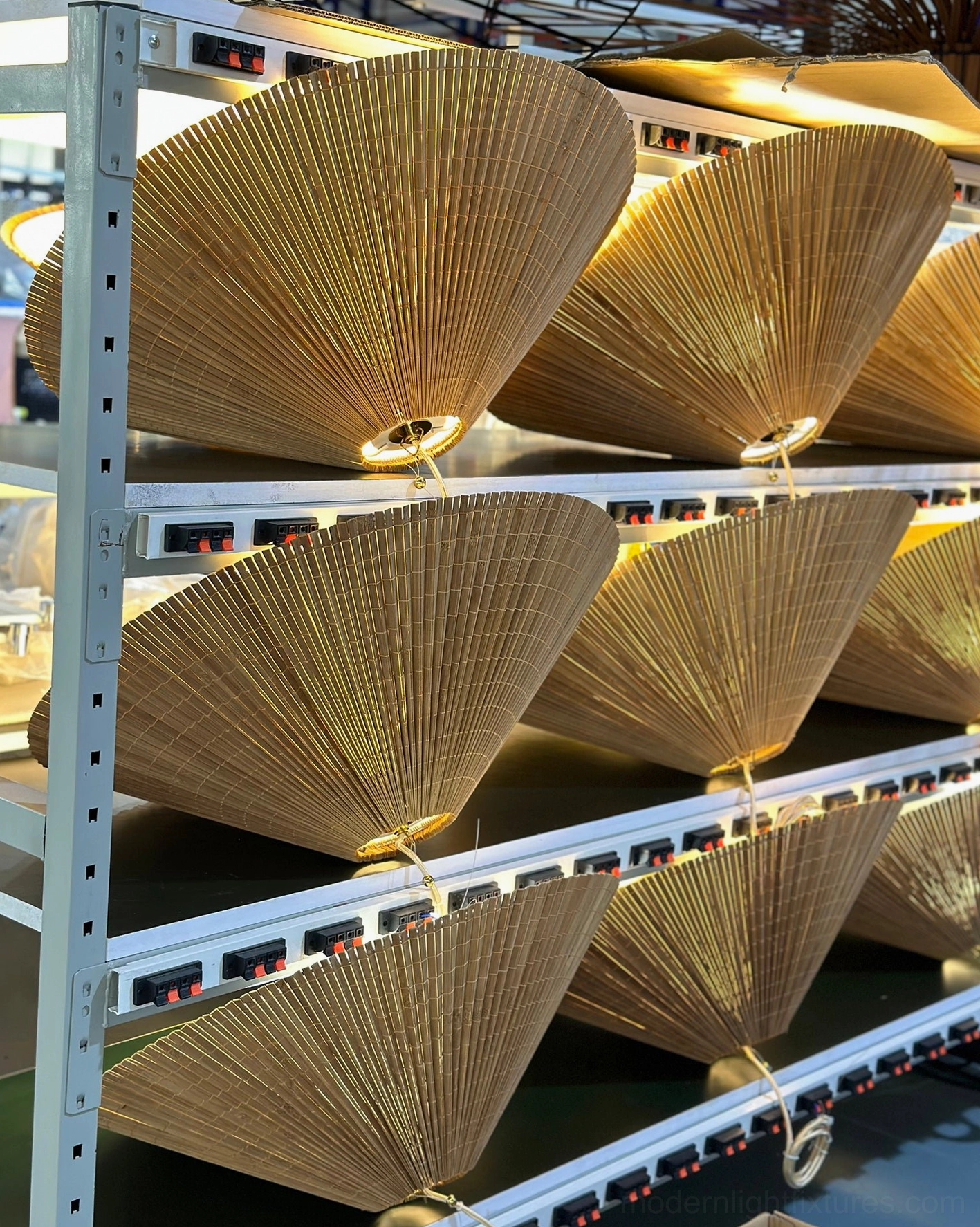 Bamboo conical pendant light in japandi style interior combining minimalism and natural warmth