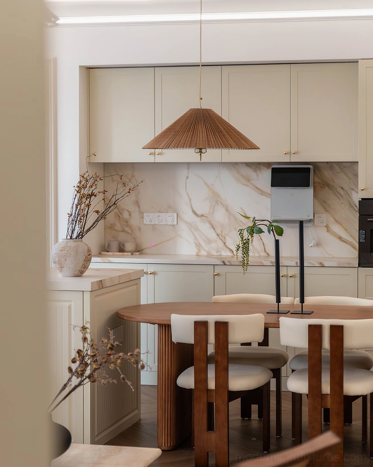 Bamboo conical pendant light in scandinavian minimalist interior with natural light and neutral tones
