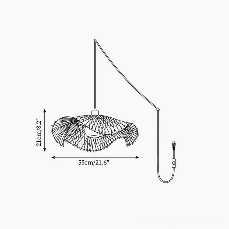 Technical front view line drawing of 55cm diameter bamboo lotus leaf pendant lamp with dimensions and plug-in specifications