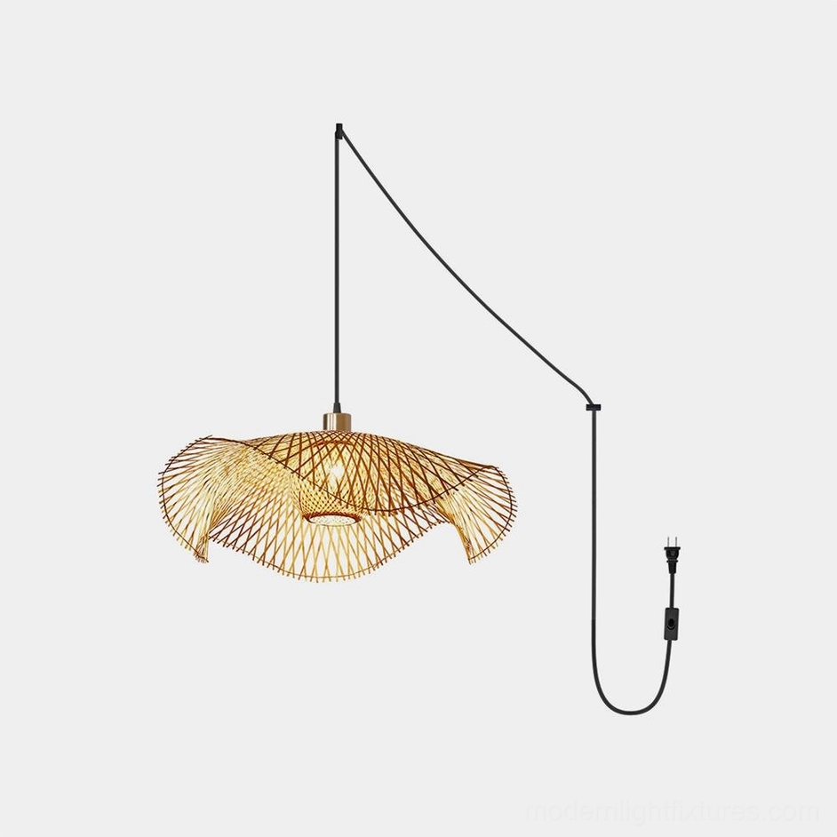 Woven bamboo ceiling pendant in coastal resort-inspired living room showing relaxed luxury and island atmosphere