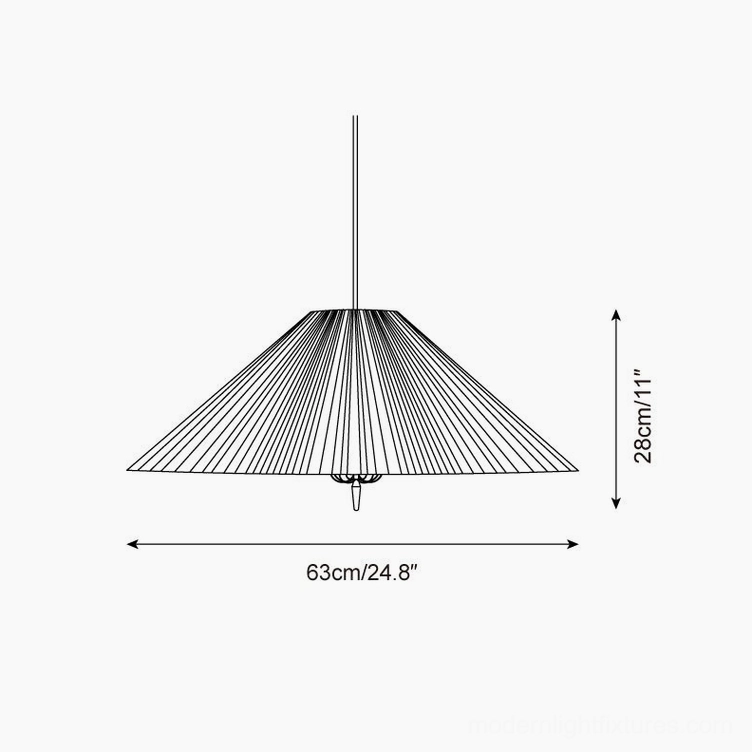 Technical drawing of bamboo conical pendant light specifications, 63cm diameter and 28cm height dimensions