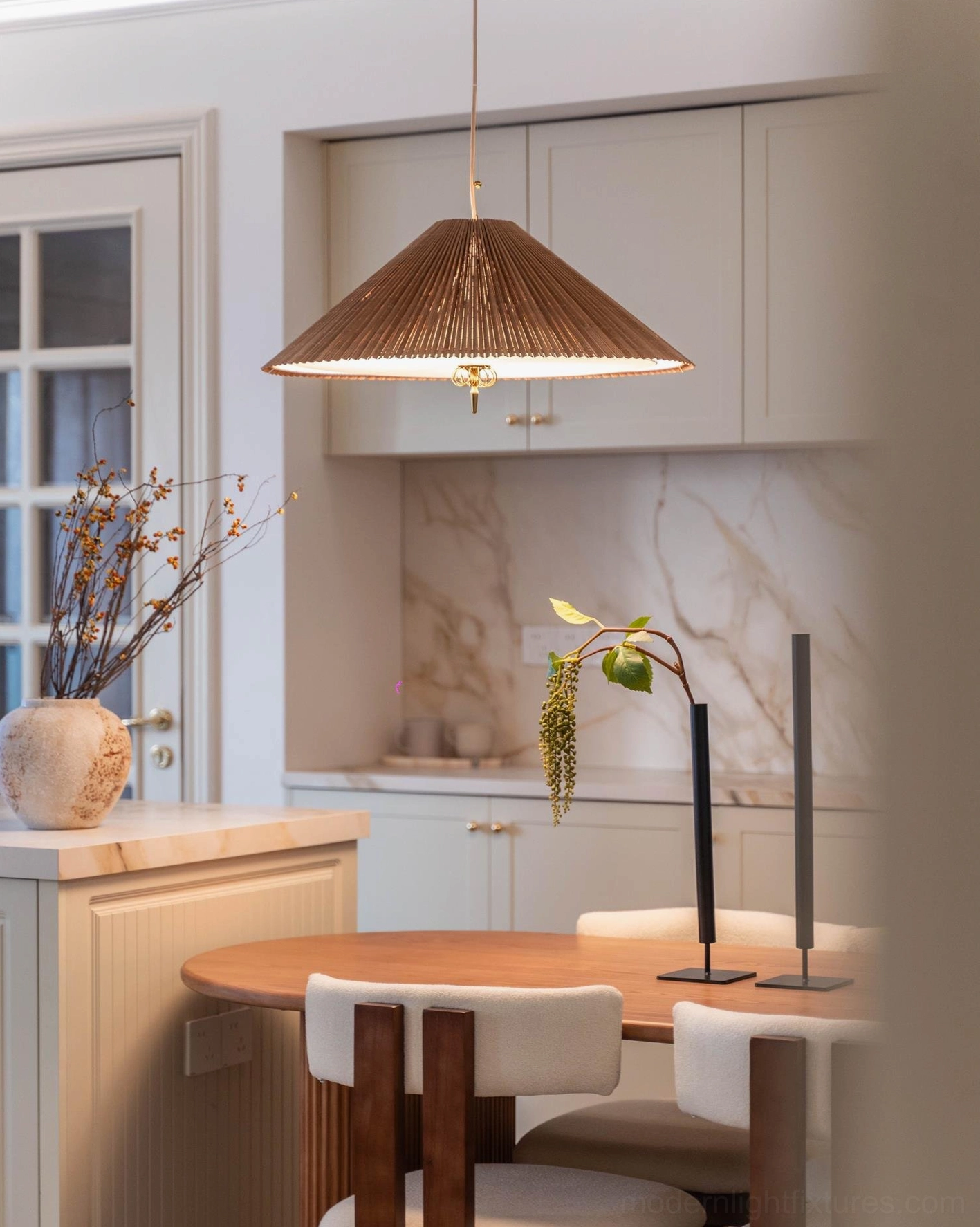 Hanging bamboo pendant lamp showing adjustable wire length and installation configuration