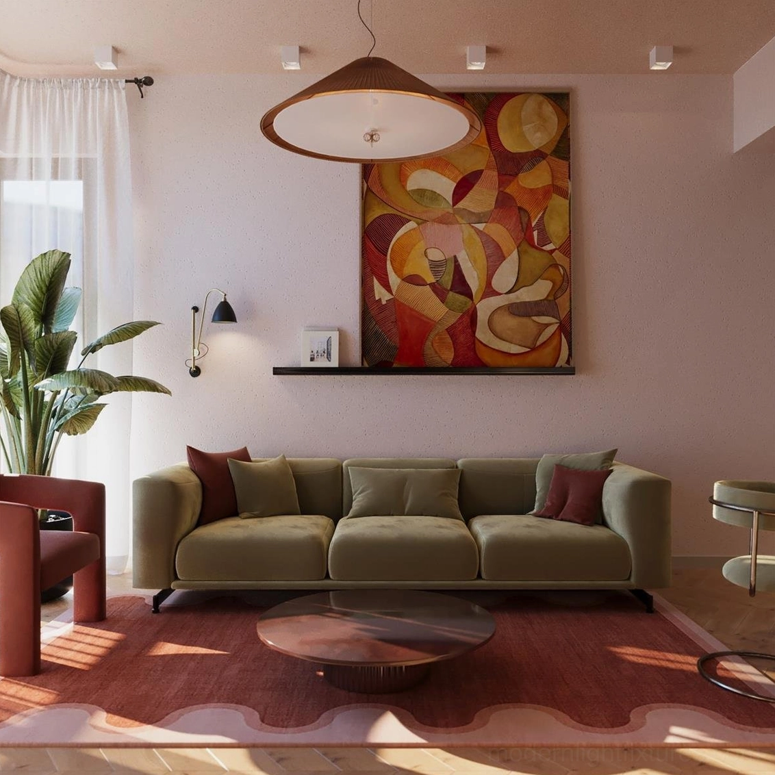 Multiple bamboo conical pendant lights creating ambient dappled shadow effects in dining space