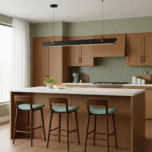 Modern linear pendant chandelier suspended over kitchen island with warm wood tones and contemporary decor