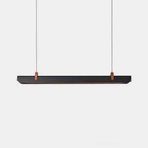 Bandolier linear pendant chandelier with matte black finish and brown leather straps, front studio view
