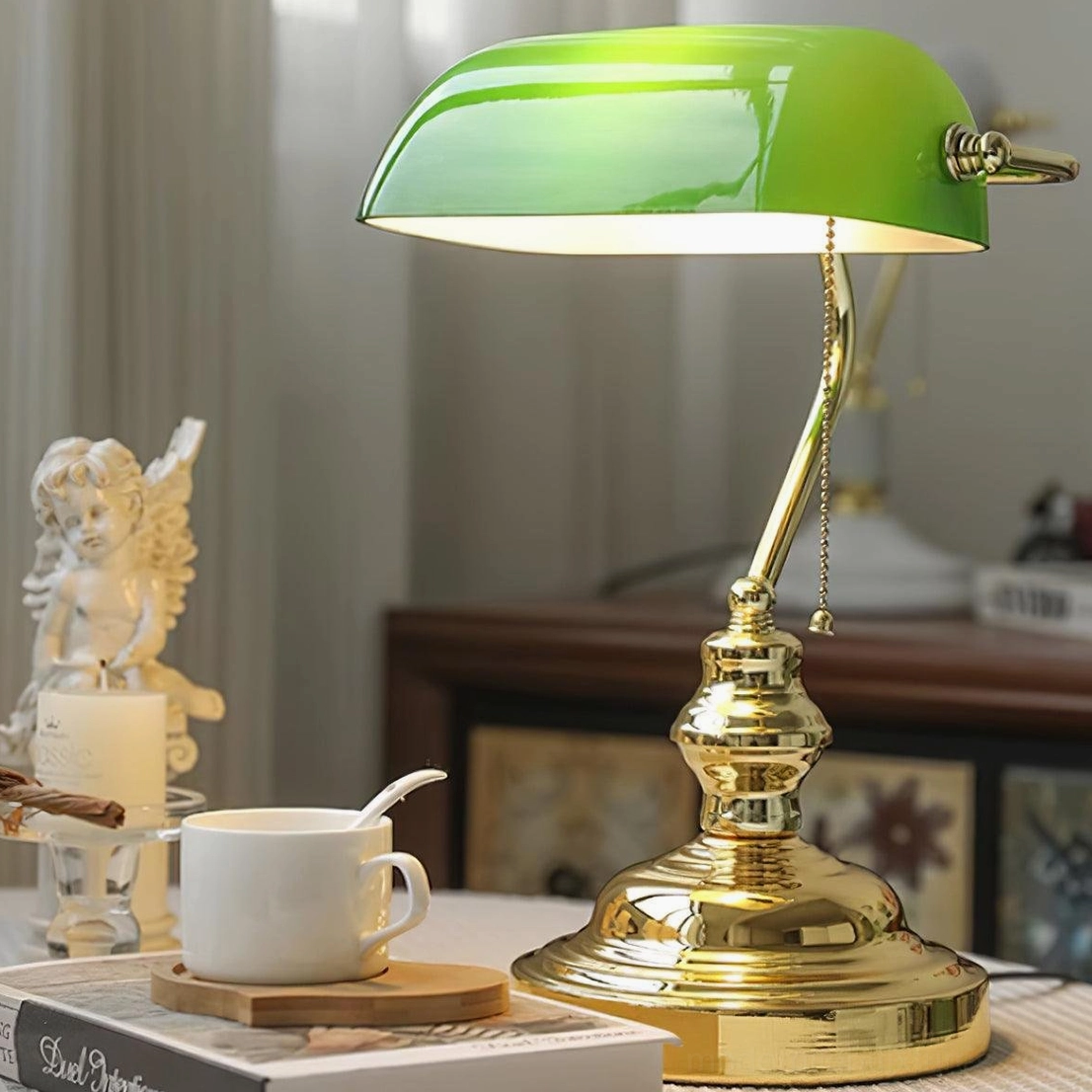 Banker table lamp complete view gold base white shade combination