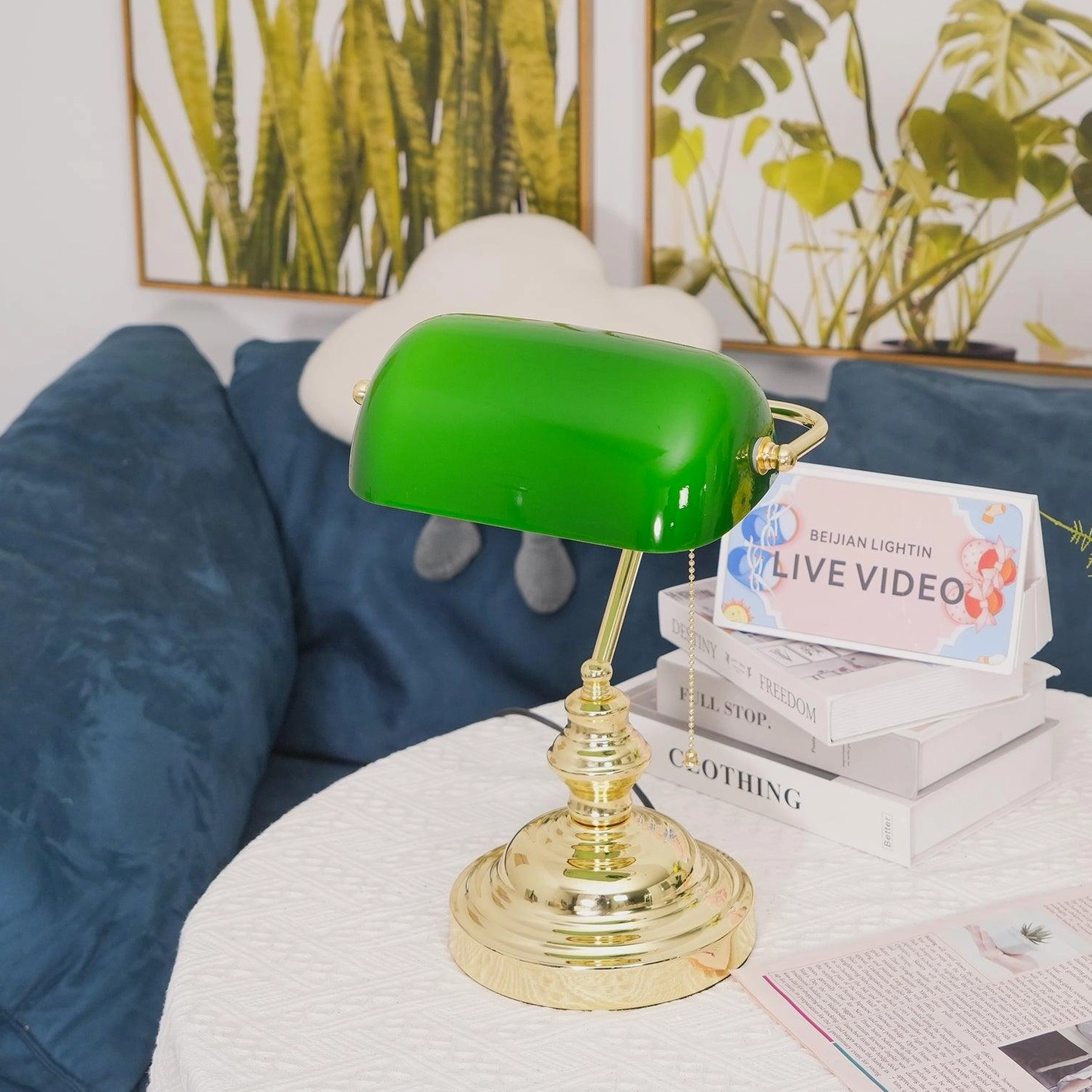 Banker table lamp living room sofa side table green glass shade gold metal frame
