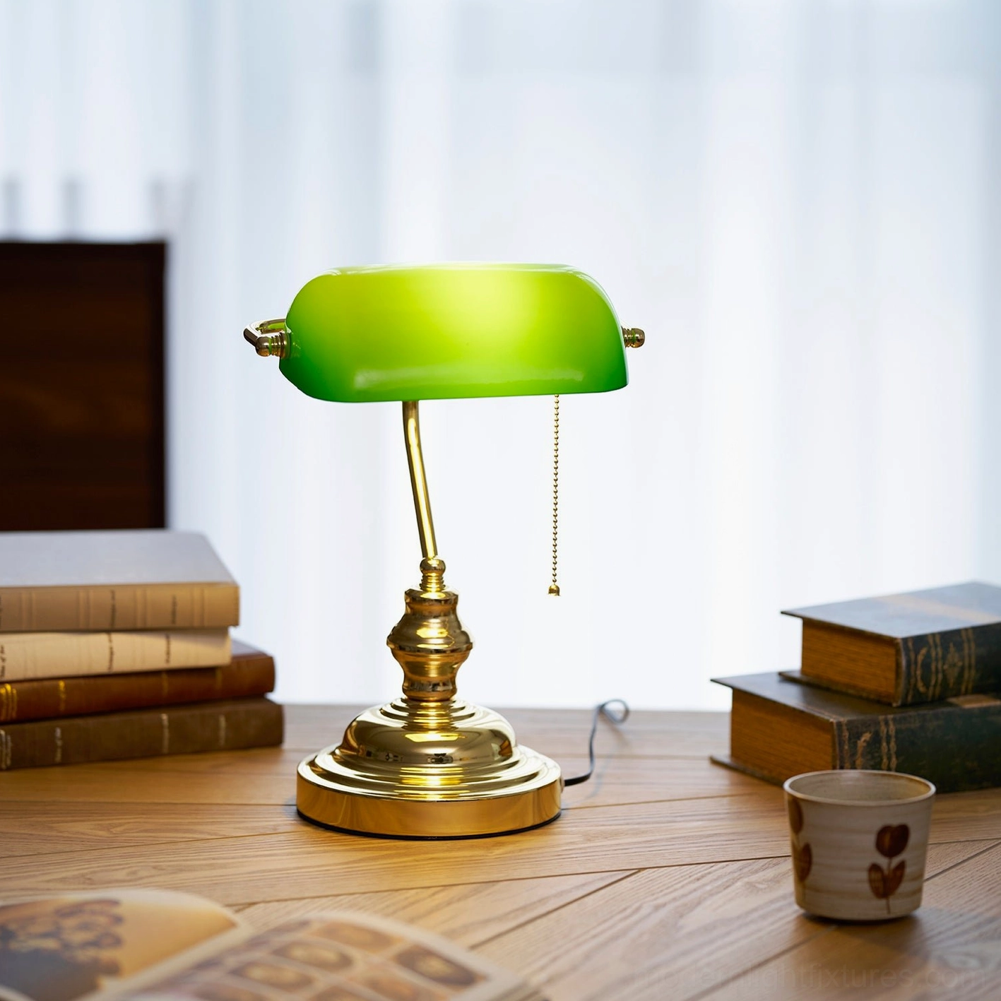 Banker table lamp mid-century modern design green glass shade gold finish