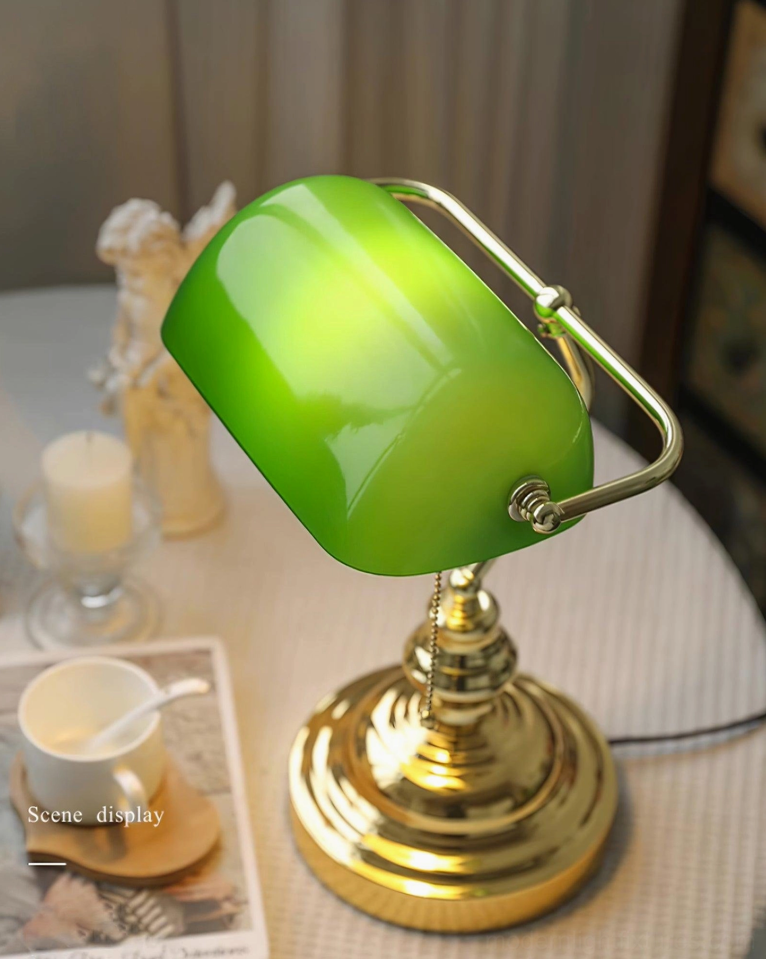 Banker table lamp side angle view metal base stability glass shade