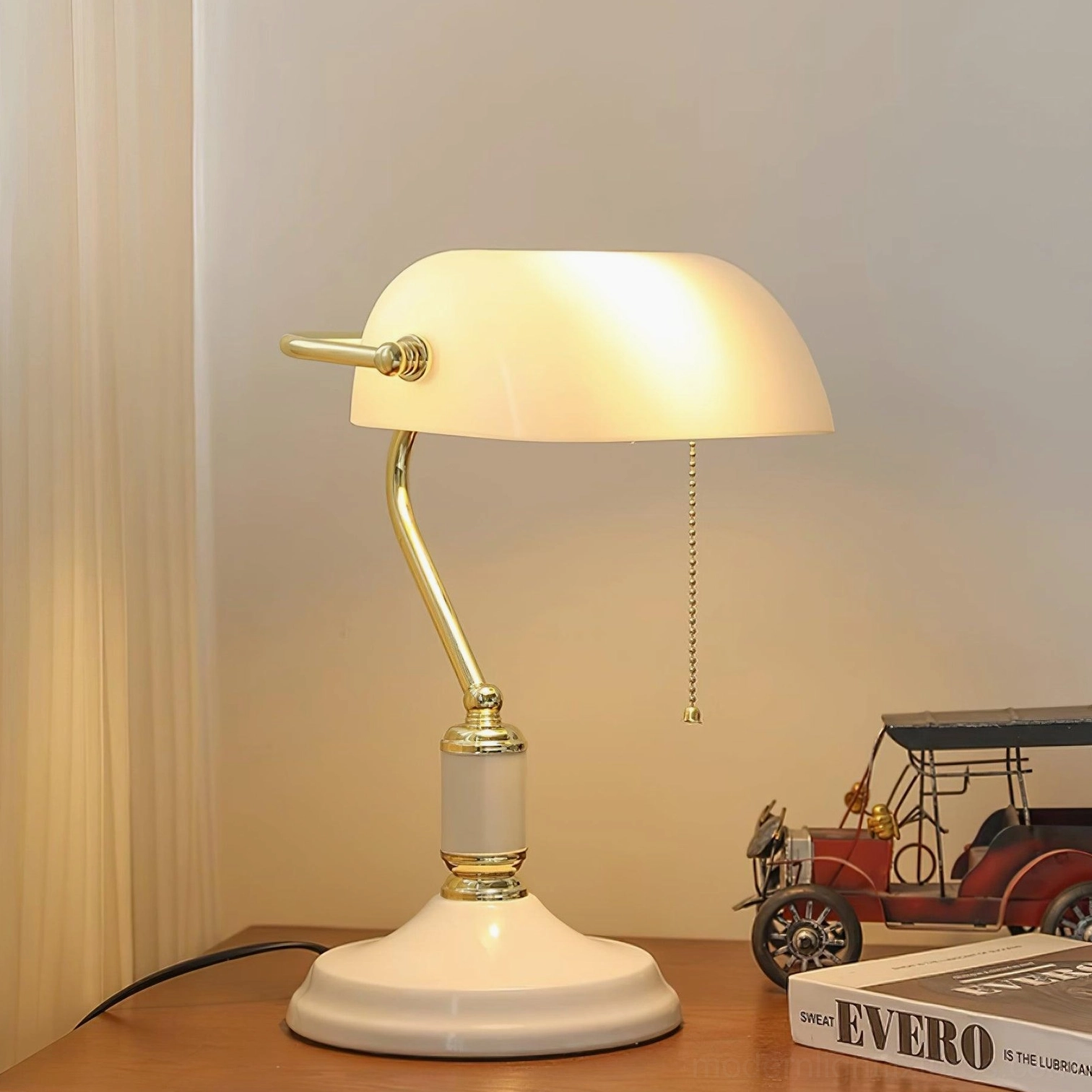 Vintage banker table lamp white glass shade white ceramic base gold metal arm