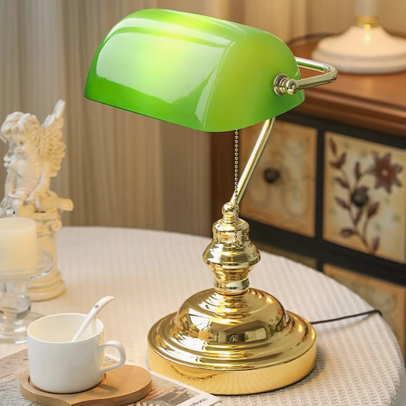 Banker table lamp jade green glass shade elegant finish home décor
