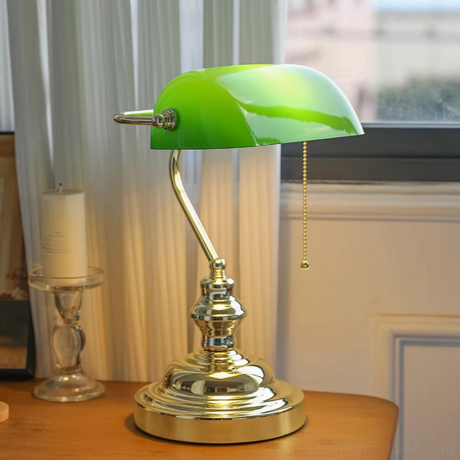 Banker table lamp jade green glass shade polished gold metal base and arm