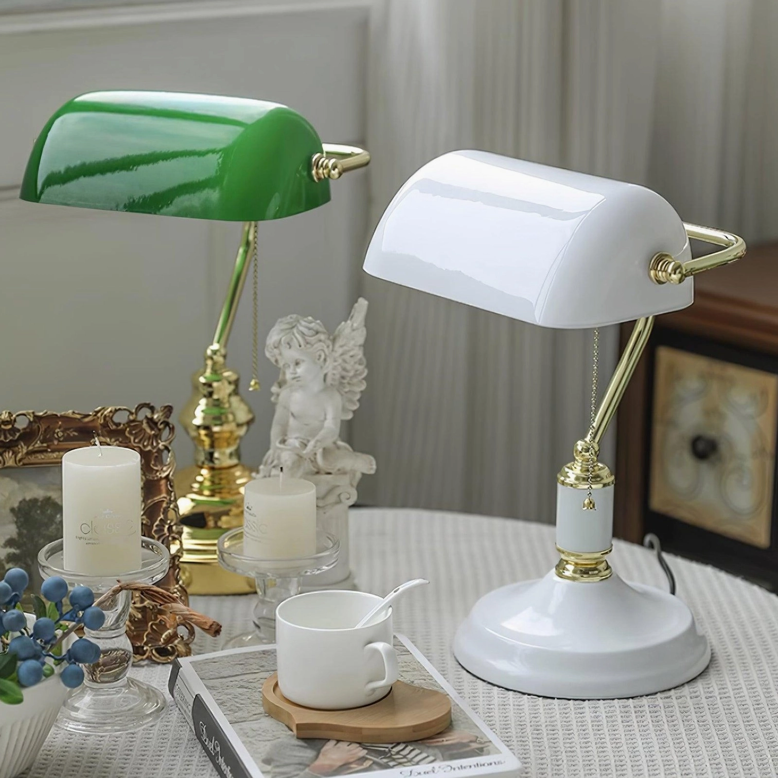 Pair of vintage banker table lamps one green shade one white shade home decor tabletop