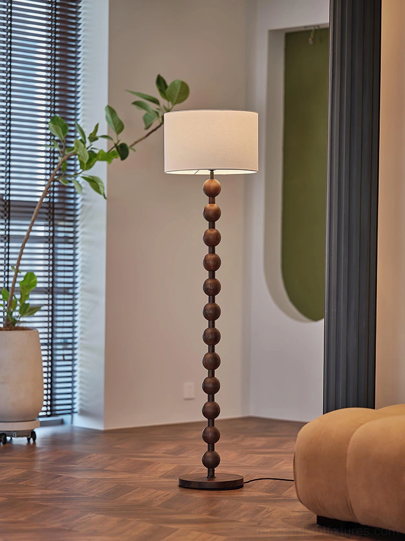 Barbell wooden floor lamp fabric shade diffusion warm ambient light