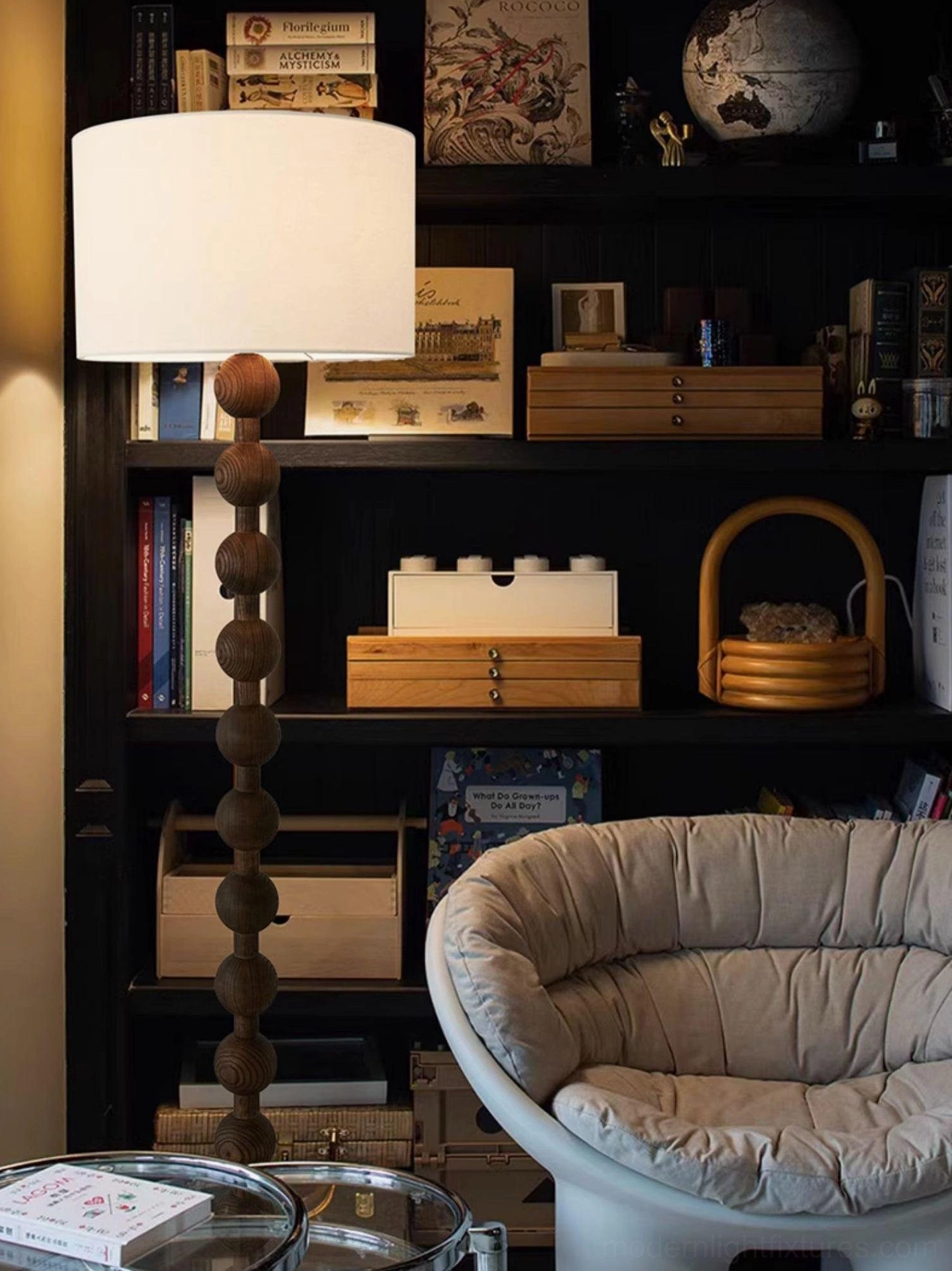 Barbell floor lamp hand crafted artisanal wooden construction detail