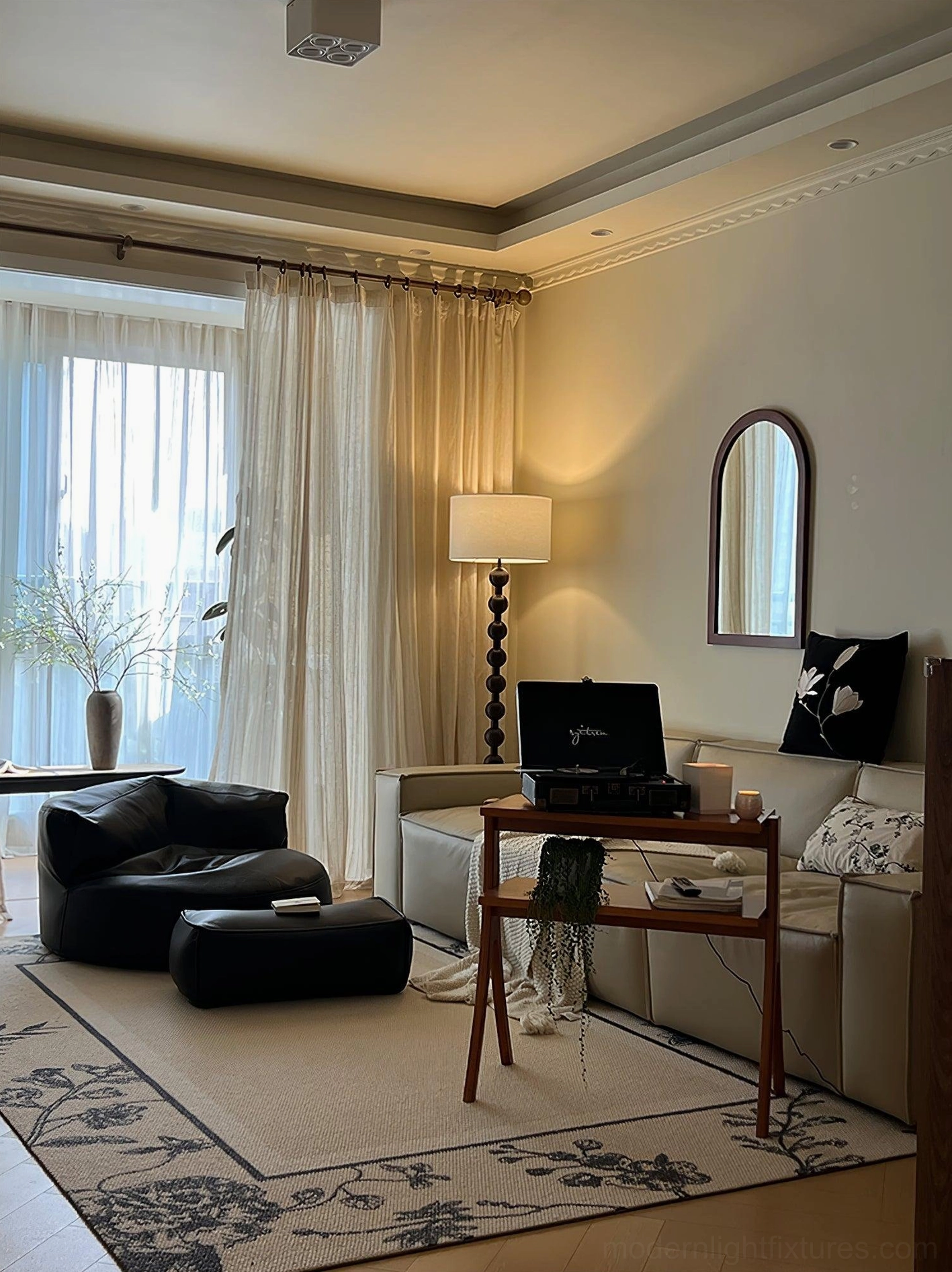Barbell floor lamp japandi style transitional interior design setting